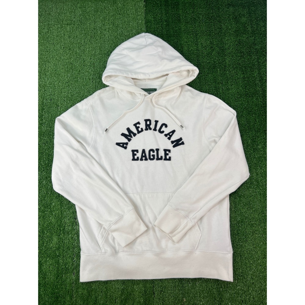 American Eagle Mens White Pullover Hoodie Navy Blue Arched Logo Size M